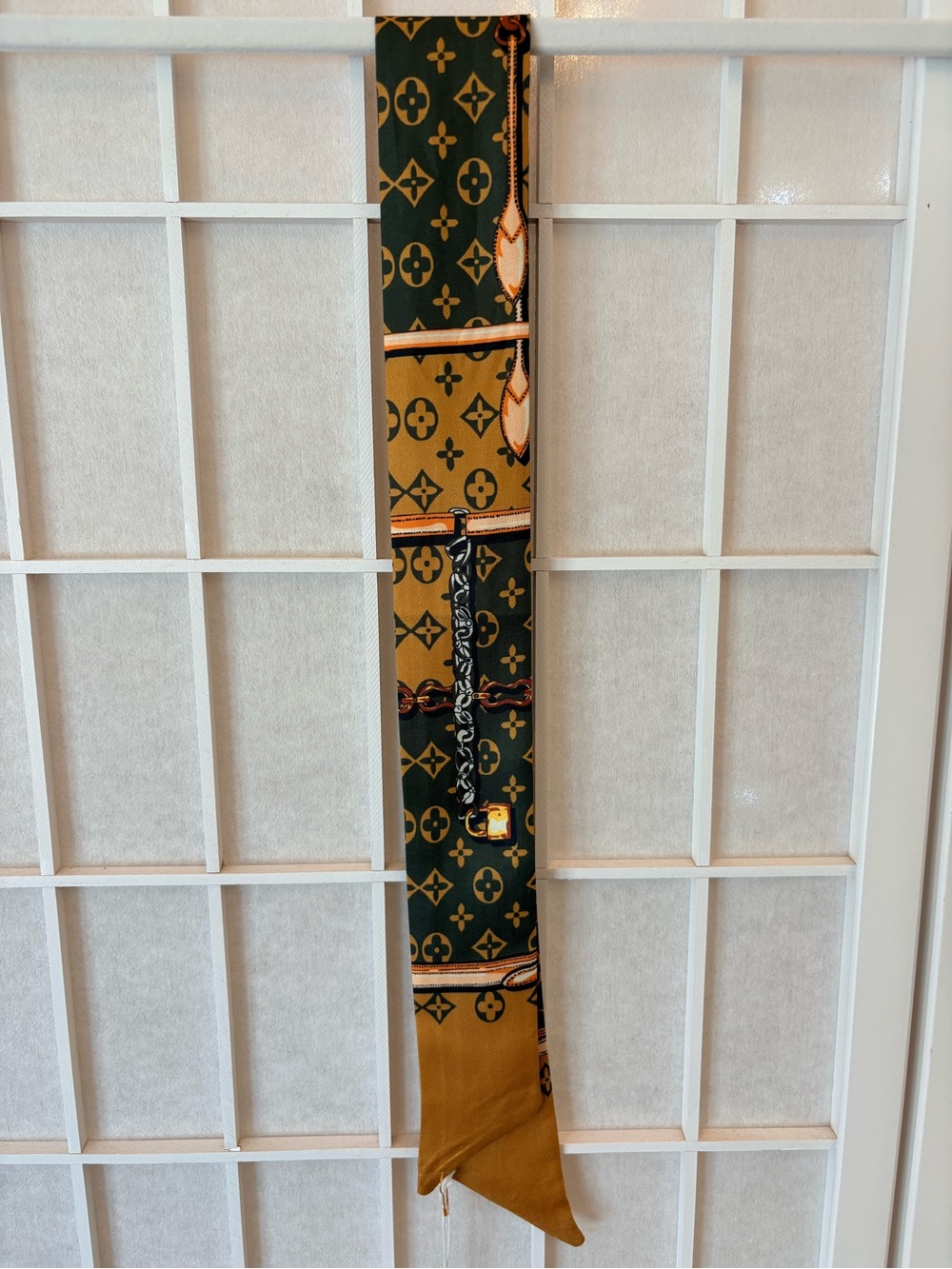 Monogram Pattern Silk Skinny Scarf in Green & Mustard